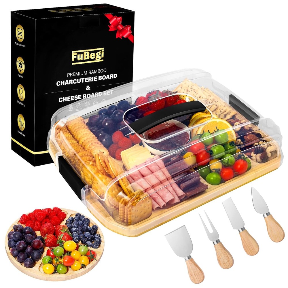 Portable Bamboo Charcuterie Board with Lid for Travel and Picnics