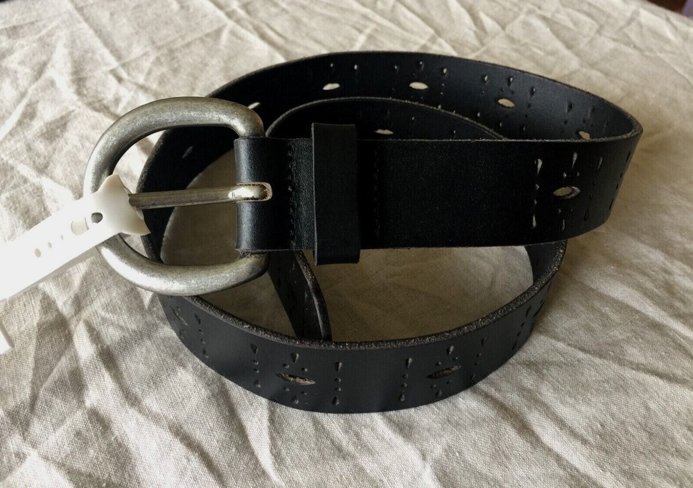 Women's Time and Tru Black 100% Leather Perforated Belt w/ Nickel Colored Buckle