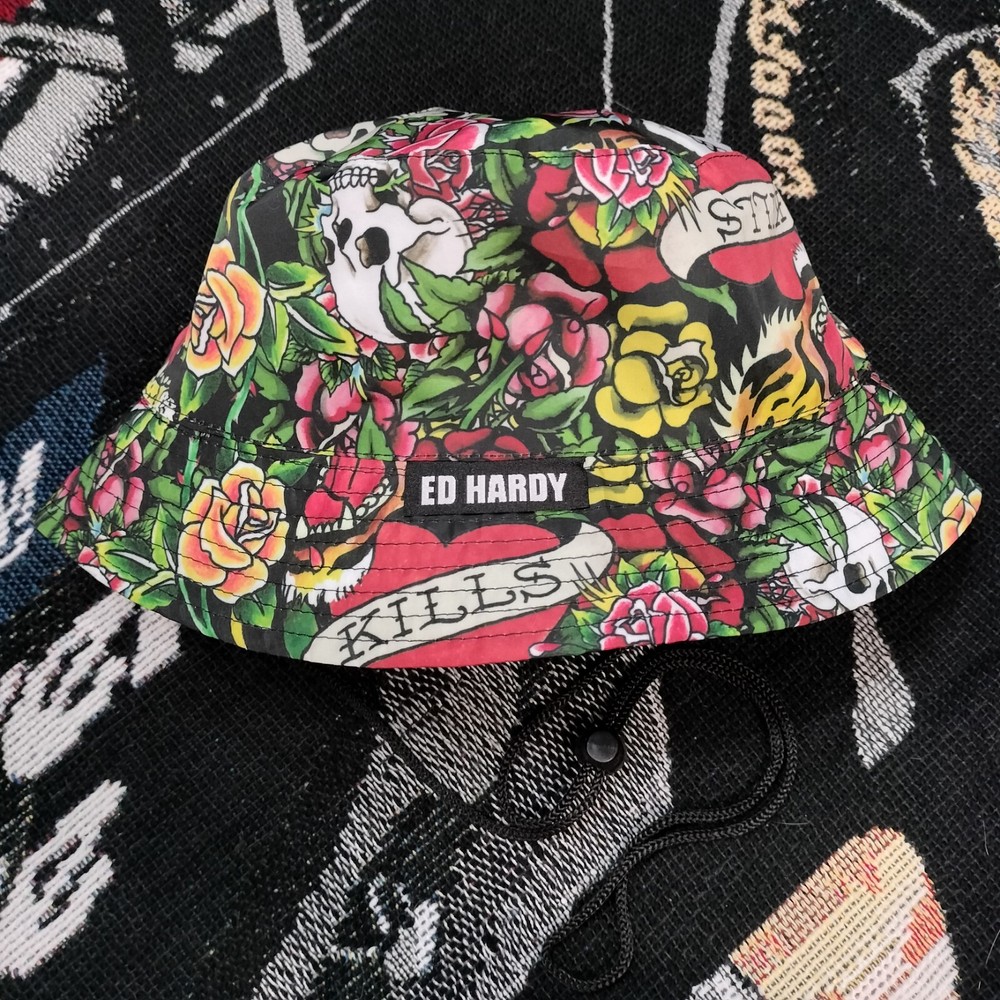 Y2K Ed Hardy All Over Design Bucket Hat Cyber Goth 2000s