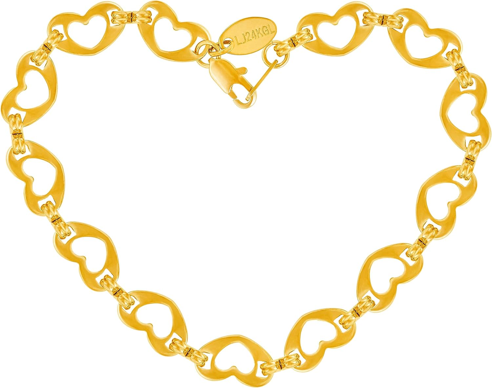 Womens Gold Anklet Flat Heart Link Ankle Bracelet 24k Gold Plated