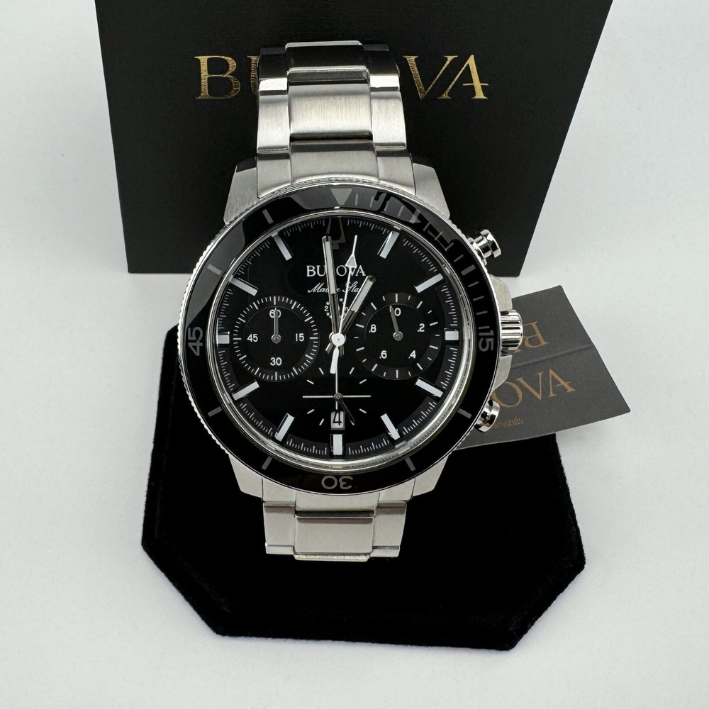 Bulova Marine Star Chronograph Mens Watch Black Dial 45mm Stainless Steel 96B272