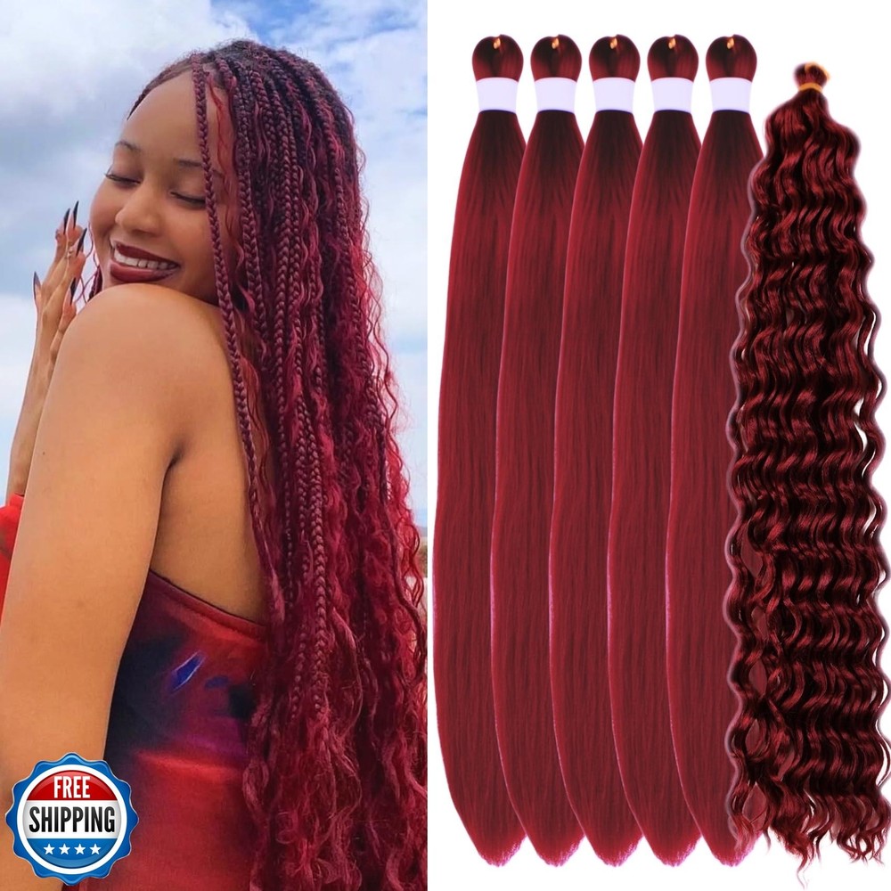 Burgundy Pre-Stretched Knotless Braiding Hair for Boho Box Braids 6 Pack