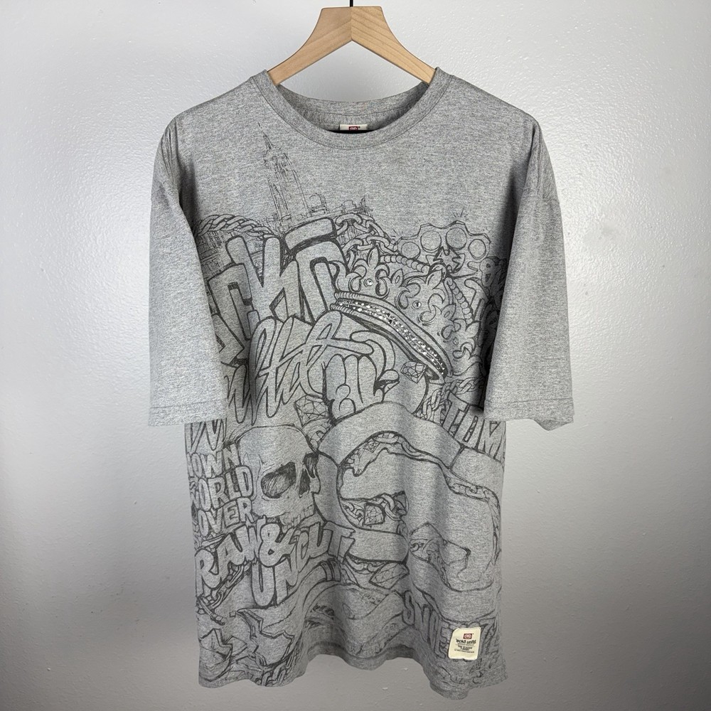 Vintage Ecko Unlimited Unltd AOP Big Logo Double Sided Y2K Gray T Shirt Size 3XL