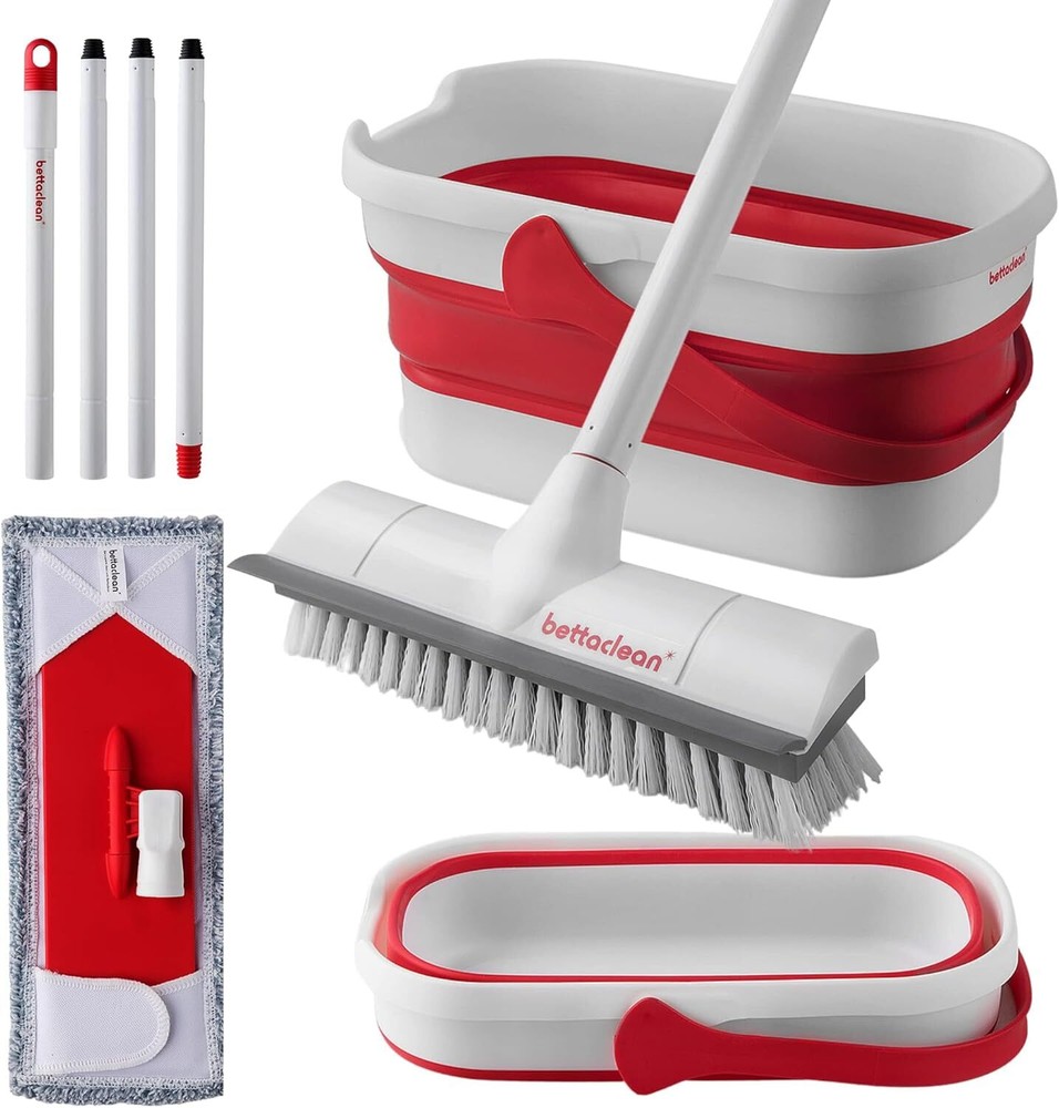 Foldable Mop and Bucket Set with Heavy Duty Scrub Mop and Broom, Collapsible Mop