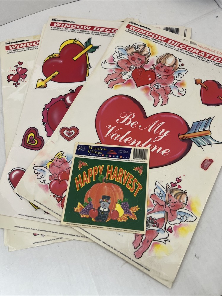 6 LargeVintage Color Clings Static Window Valentine- One Small Harvest