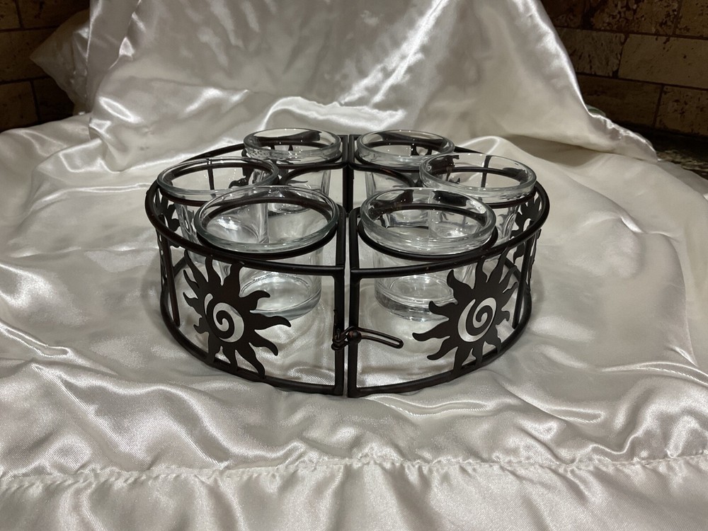Black Metal Celestial Umbrella Votive Holder with 6 Glass Holders for Patio Tables