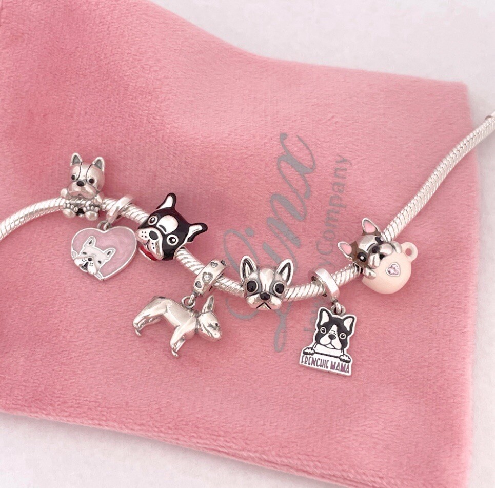 Linx Silver Snake Chain Bracelet with French Bulldog Frenchie Themed Charms