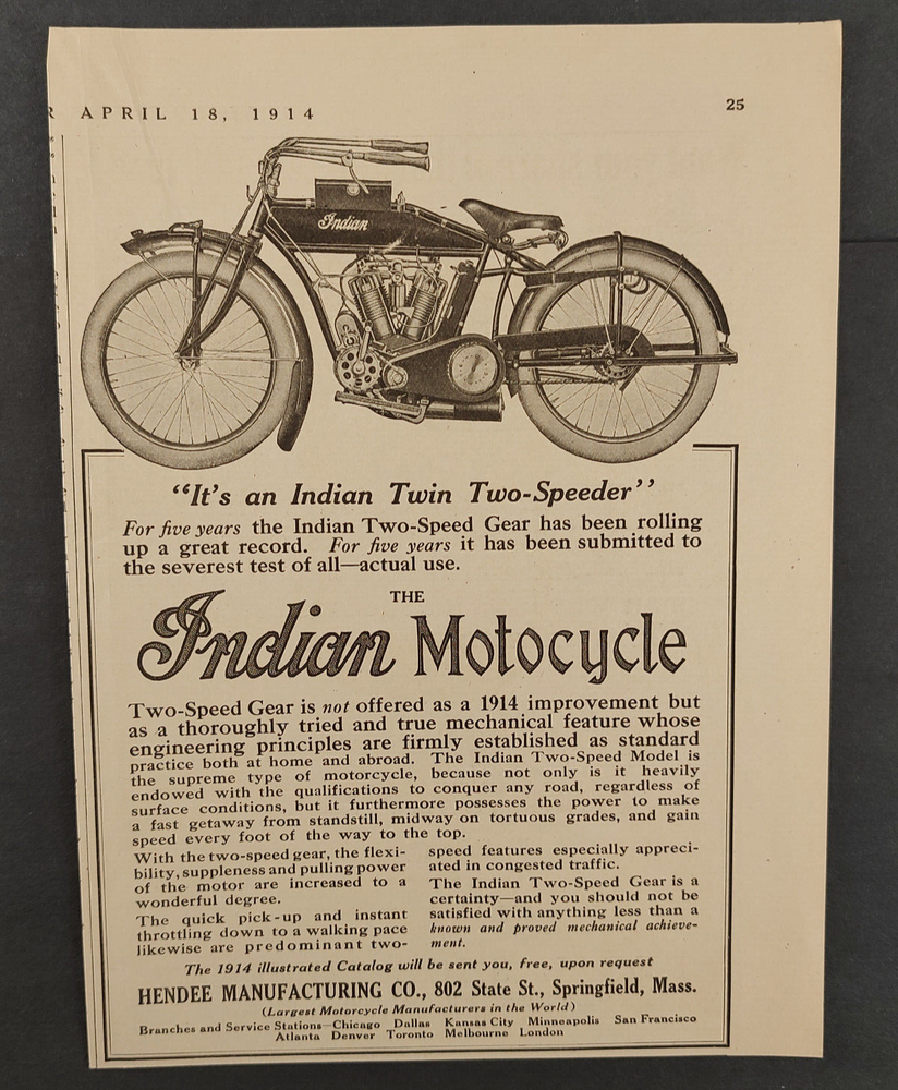 1914 Indian Motorcycle Print Ad ~ Indian Twin Two-Speeder ~ Hendee Manufacturing