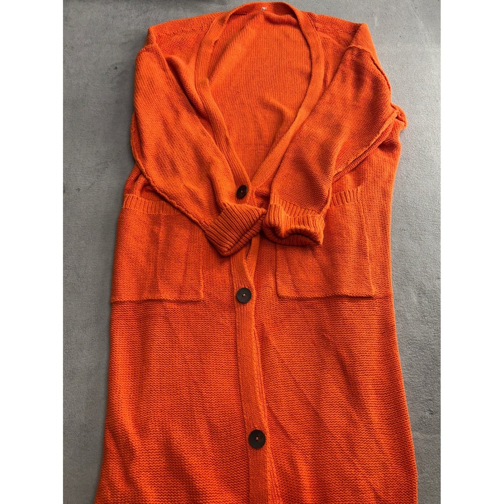 Free People Oversized Long Knit Cardigan Orange Button Front Pockets Size M