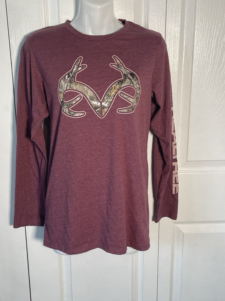 Realtree Men’s Long Sleeve T-Shirt Size S Maroon Camo Antler Logo