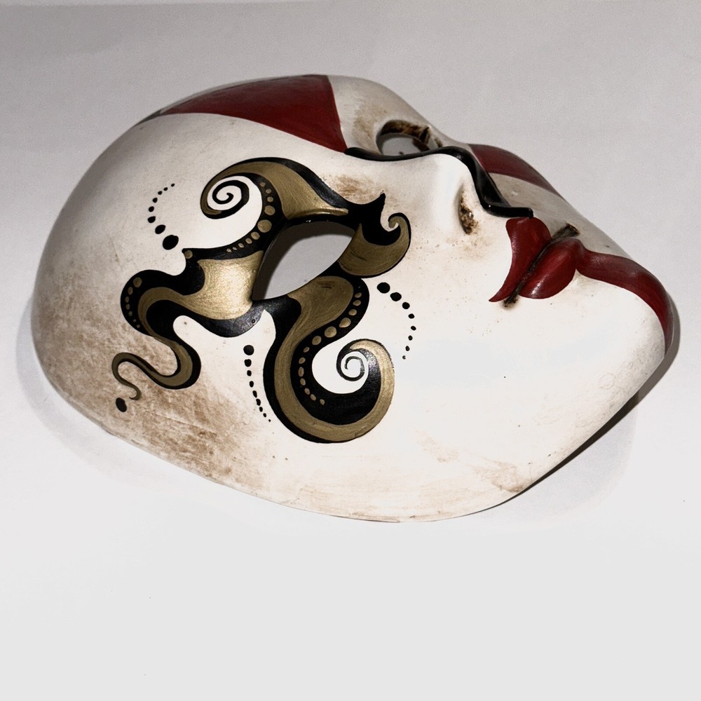 Decorative Mask Red & Black Split Face Ceramic Wall Art Carnivale Mardi Gras
