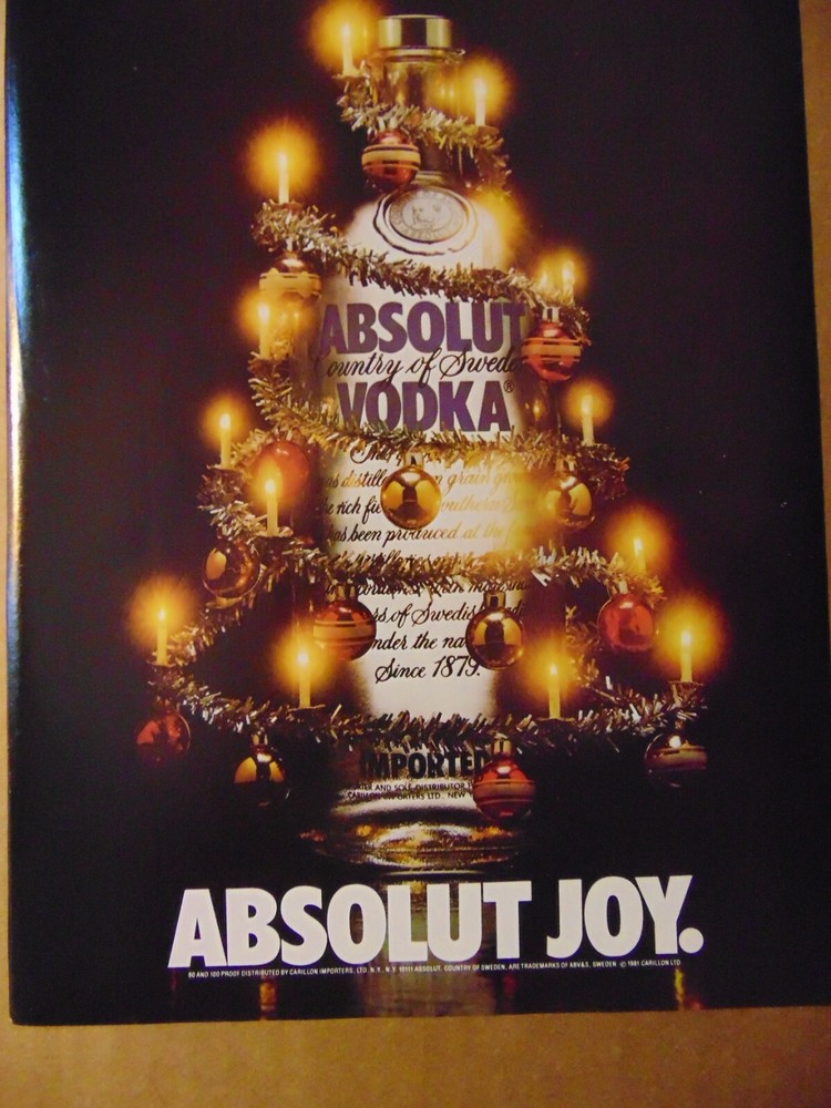 1982 ABSOLUT JOY VODKA BOTTLE Christmas Tree Candles vintage art print ad
