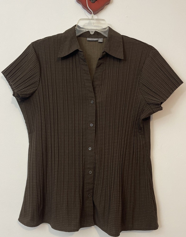 Apt 9 Stretch Womens XL Brown Dotted Button Collared Pleated Vneck Blouse! A6461