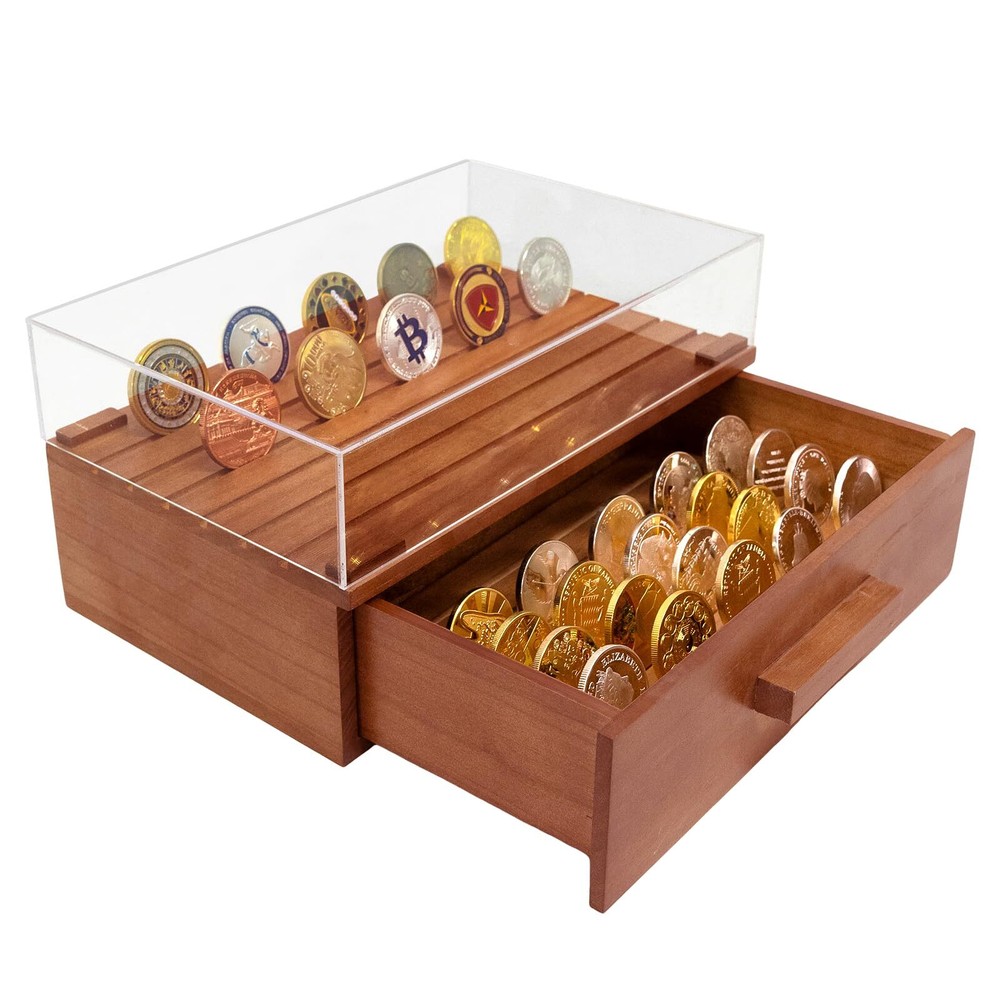 Wooden Challenge Coin Display Stand with Acrylic Clear Cover-Large Military C...