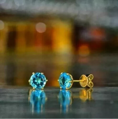 2.00Ct Round Blue Topaz Stud Earrings in Solid 14K Yellow Gold Finish