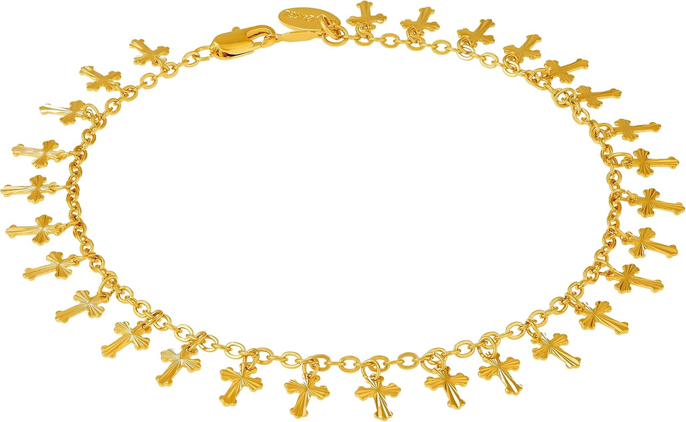 Womens Gold Anklet Dangling Crosses Ankle Bracelet 24k Real Gold Plated