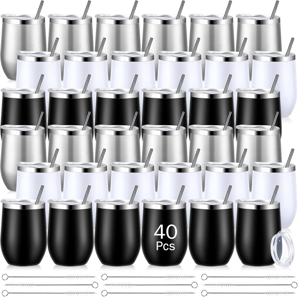 40 Pack Insulated Wine Tumbler 12 Oz Stainless Steel Wine Glasses Bulk with Lids