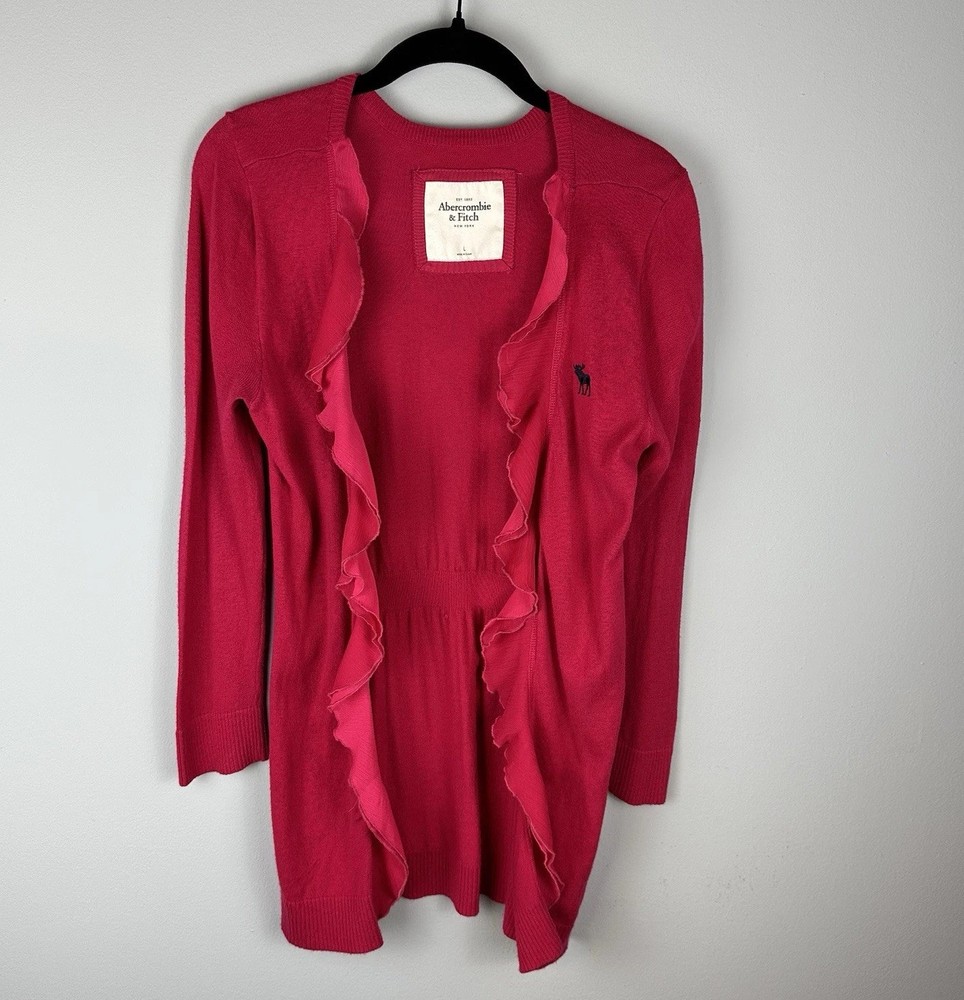 Y2K Abercrombie Fitch Cardigan Sweater Size L Moose Open Front Ruffle Pink-image