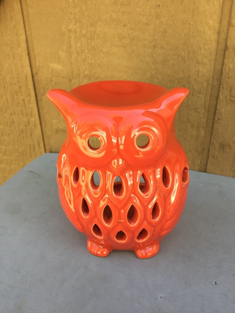 Orange Hoot Owl Ceramic Candle Holder Peek-a-Boo Front Halloween 5