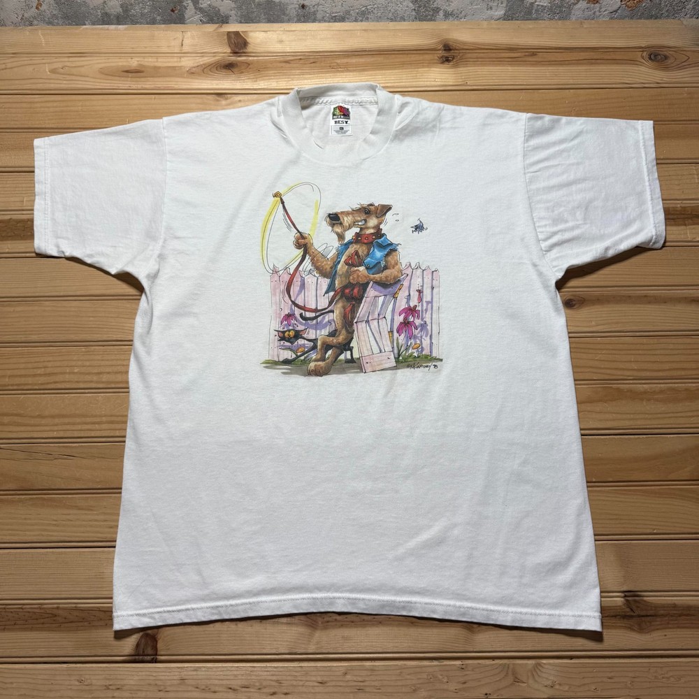 Vintage 90s 1998 Terrier Dog Cat Fence McCartney Graphic T-Shirt Men's - Size XL