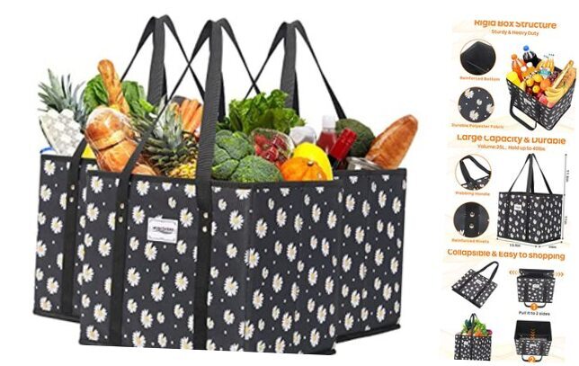 Reusable Grocery Bags, Shopping Cart Bag,Heavy Duty,Hard Bottom Foldable Daisy