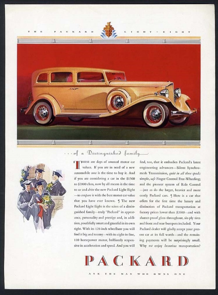 Light Eight PACKARD 1932 Auto Car Ad Yellow Four Door Sedan