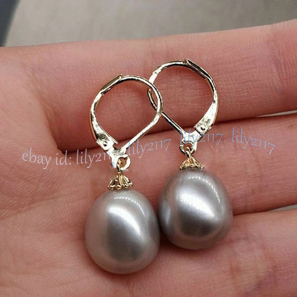 AAA 9-10mm Natural Gray South Sea Pearl Dangle Earrings in 14K Gold-image