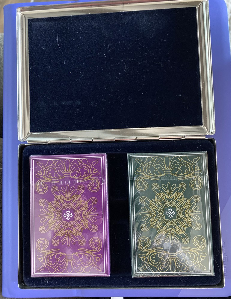 Vintage Metal Playing Card Box Engraved With Two Sealed Decks Of Playing Cards V