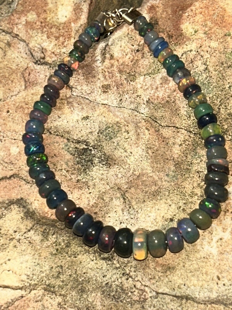 Designer 10K & 14K Solid Gold Black Ethiopian Fire Opal Bracelet 8 Ins Long