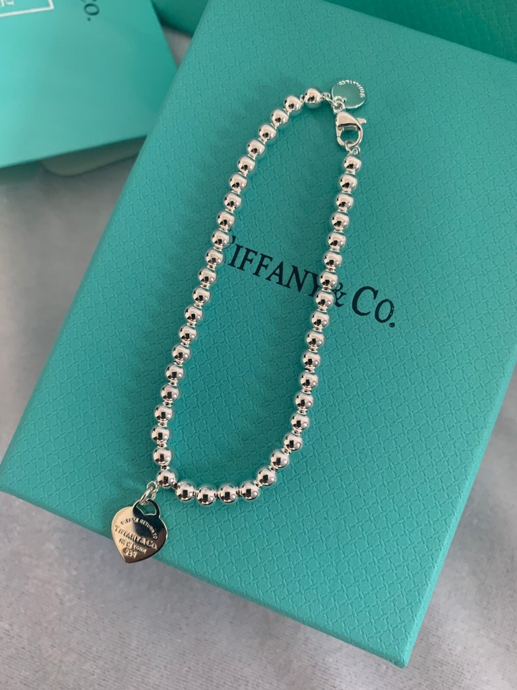Tiffany & Co. Silver Heart Ball Chain Bracelet Blue Size 7.5