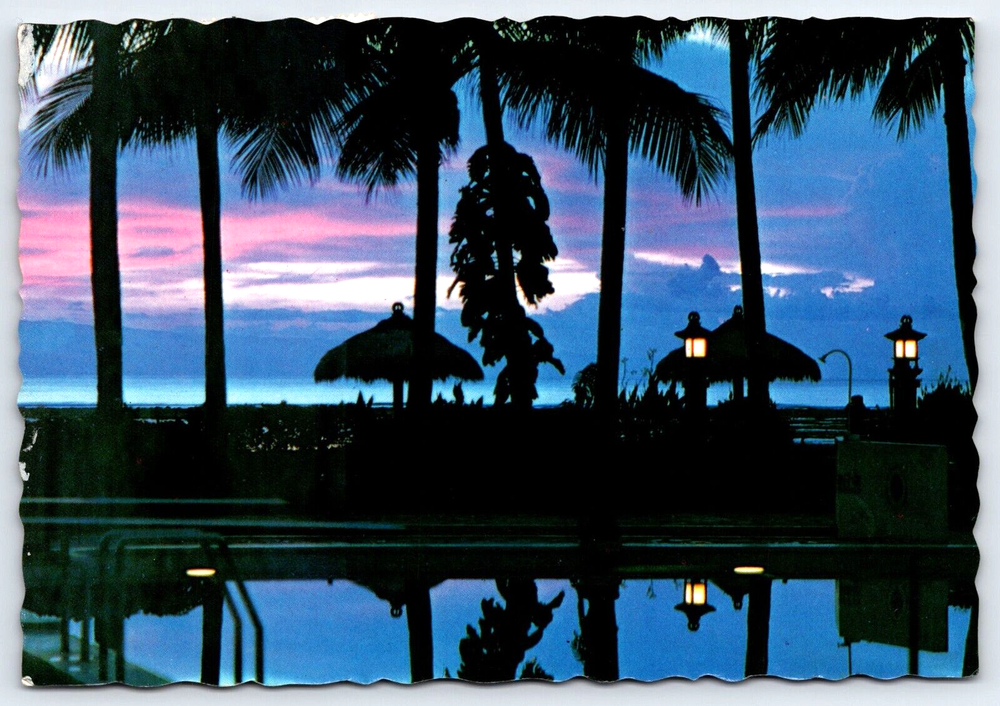 VINTAGE OLD ANTIQUE POSTCARD PHOTO SUNSET RESORT PALM TREES BALI BEACH INDONESIA