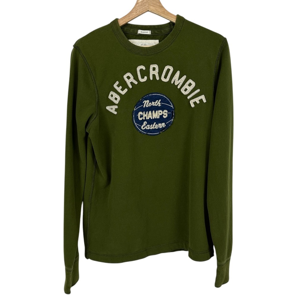 Abercrombie & Fitch Muscle Long Sleeve T Shirt Mens sz L Green Retro Logo Sport-image