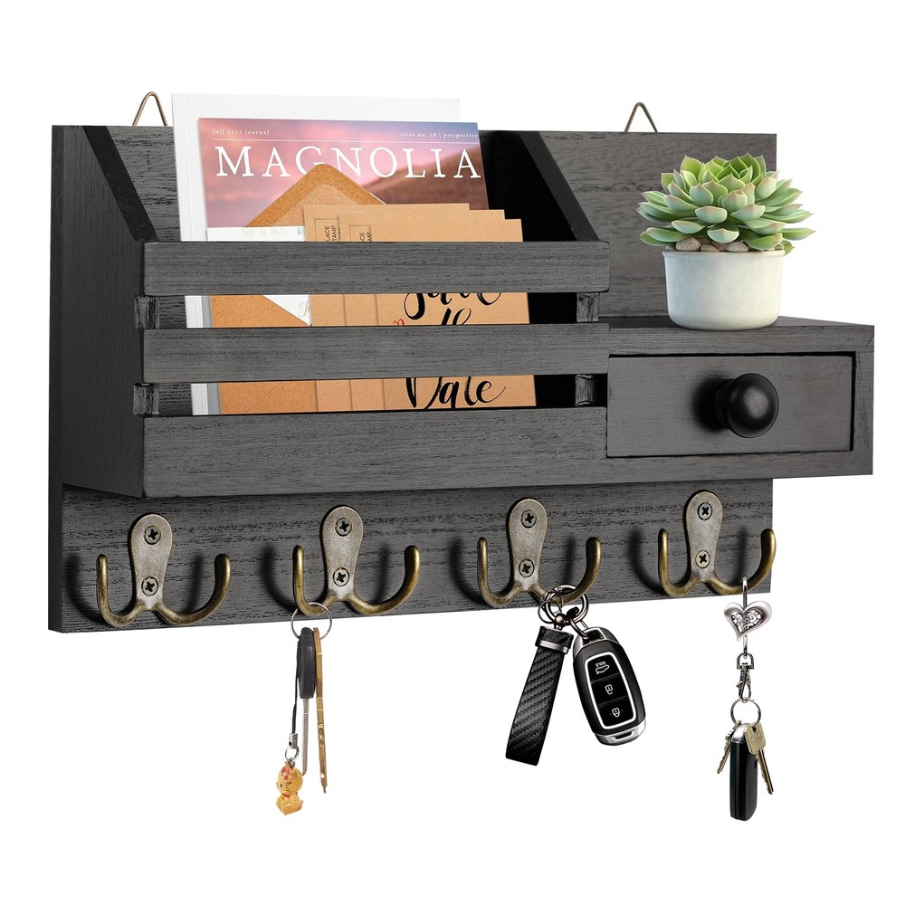 Key Holder Wall Mount, Black Wooden Key Organizer with Drawer Key Holder Adhe...