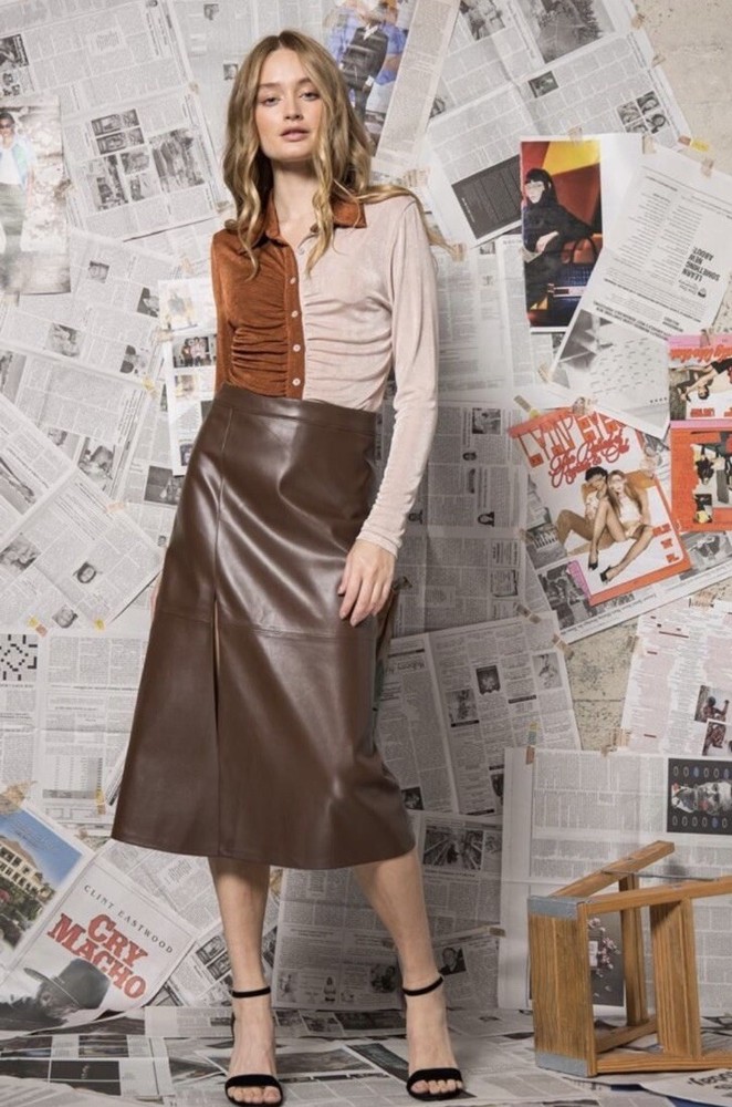 Aaron & Amber brown faux leather mid-calf skirt size small Line A NWT-image