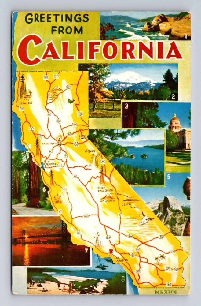 CA-California, Aerial Landmarks And Map, Antique, Vintage c1961 Postcard