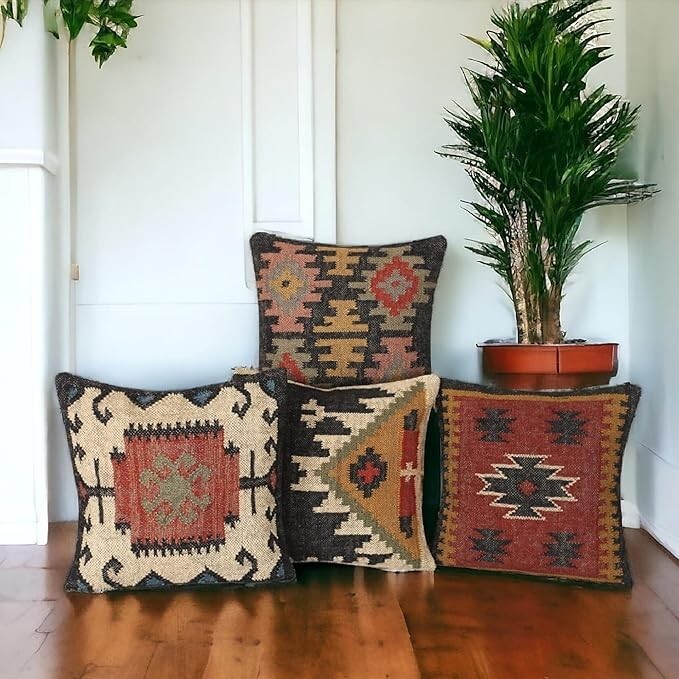 Indian Handmade Wool Jute Kilim Cushion Cover Throw Pillow 18