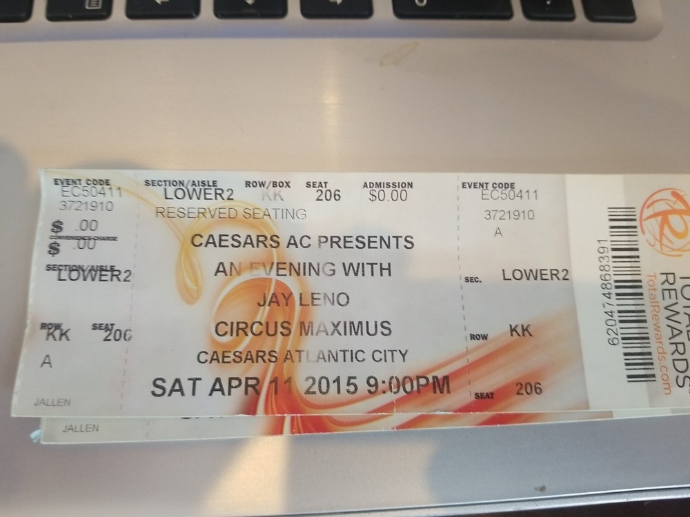 jay leno ticket stub atlantic city caesars comedy new jersey nj show 2015
