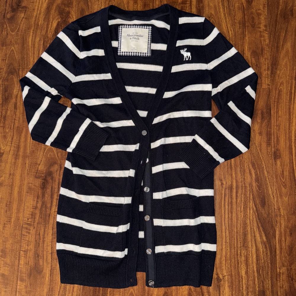 Y2K Abercrombie & Fitch Striped Navy White Knit Cardigan Moose Logo Women’s Sz S-image