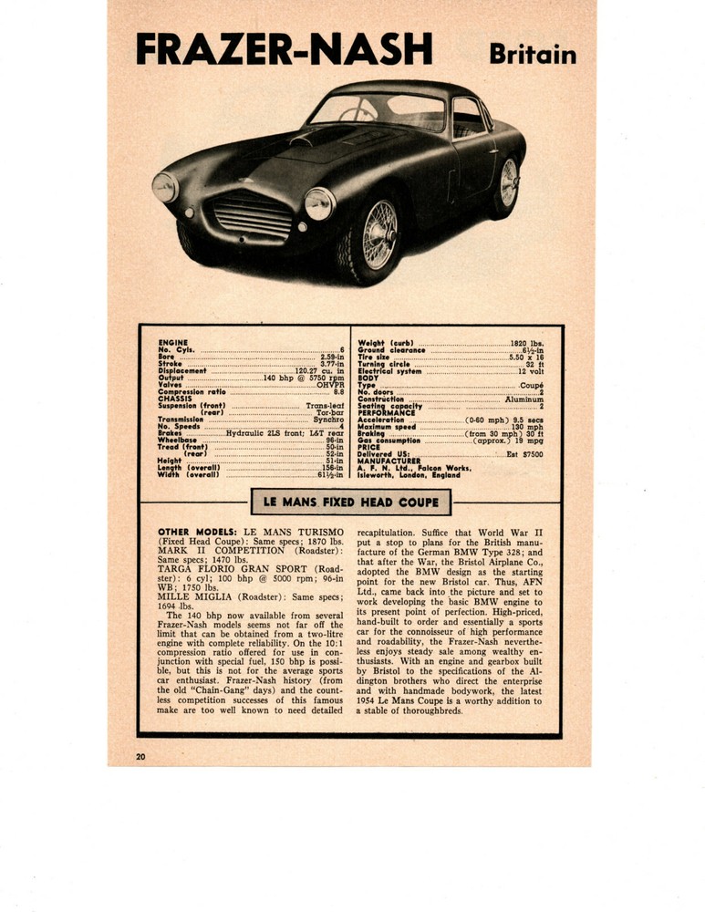 1954 FRAZER-NASH LE MANS FIXED HEAD COUPE ~ ORIGINAL SMALLER SPECS ARTICLE / AD