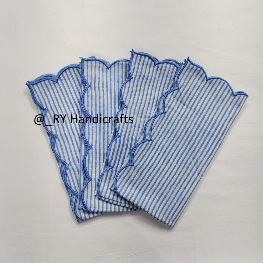 Dinner Napkin Block print strive cotton scalloped cloth napkin ,  20 x 20 inch