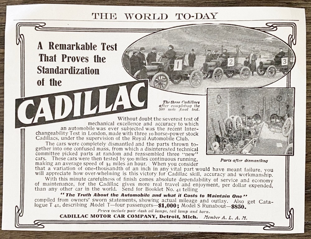 Antique 1908 CADILLAC Motor Car Co.Detroit 500 Mile Test&Parts Photo Print Ad