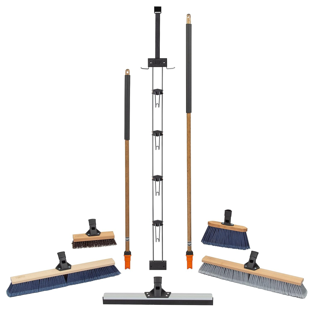 Garage Kit — Includes 48” and 60” Wooden Handles, Smooth Surface Push Broom, Mul
