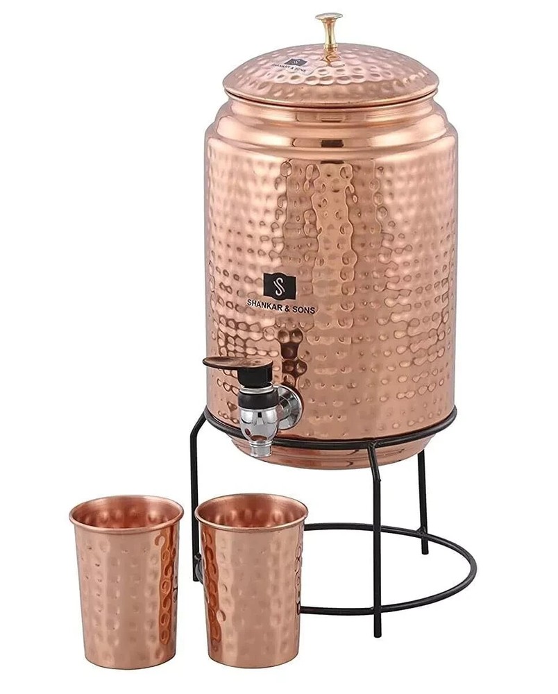 Hammered Copper Water Dispenser (5 Liter) with 2 glass (300 ML) and With Stand