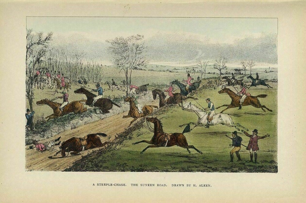 HORSE RACING STEEPLECHASE HORSES JUMPING SUNKEN ROAD HORSE AND RIDER ACCIDENT