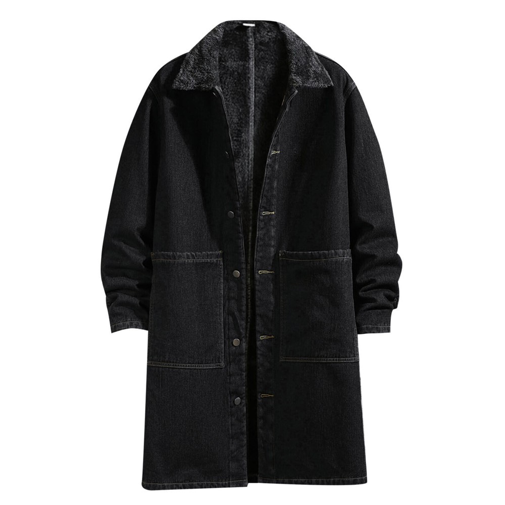 Mens Winter Autumn Loose Casual Denim Trench Coat Long Coat Warm Jeans Jacket