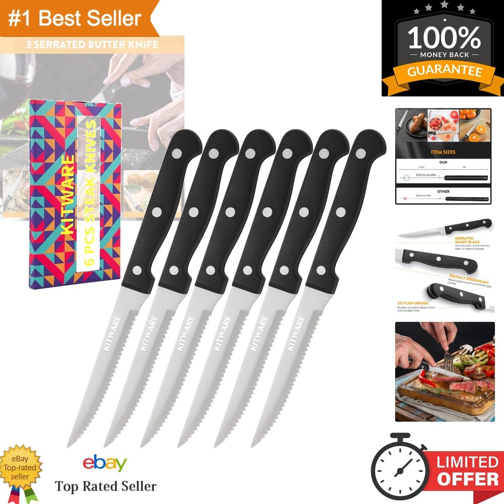 Premium Black Handle Steak Knife Set with 4.5-Inch Sharp Blades - Perfect Gift