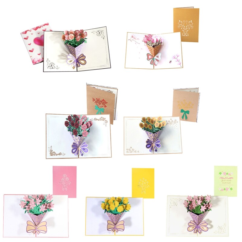 3D for Up Carnation Rose Flower Greeting Card Valentines Day Cards with Enve