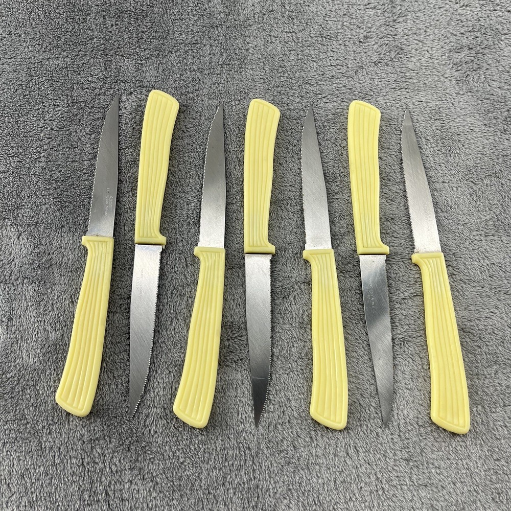 Vintage ABCO Steak Knives Stainless Steel Set 7 Plastic Handle Serrated Japan-image