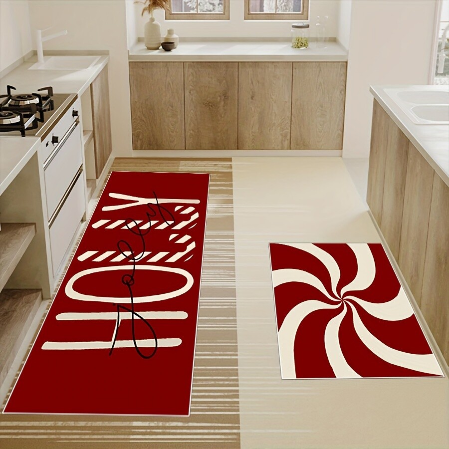 2pcs Christmas Candy Cane Kitchen Mats Set - Anti-Slip, Machine Washable