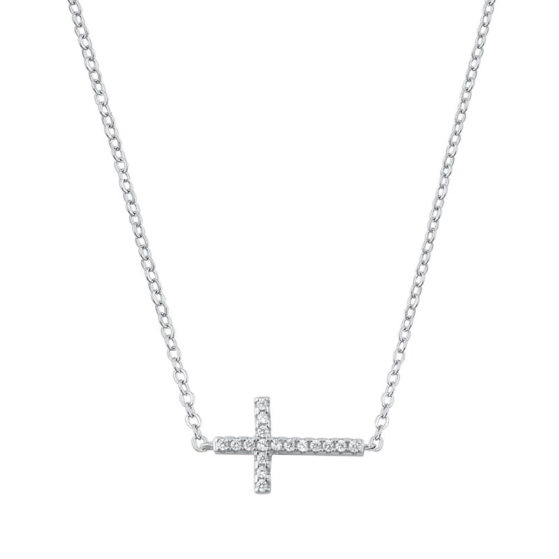 Sideway Cross Pendant Necklace CZ 925 Sterling Silver 16 - 18 Inches Adjustable